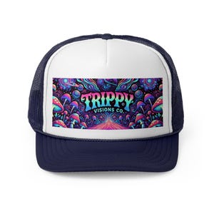 Gorra de camionero Trippy Visions Co. - Gorra snapback psicodélica para festivales, gorra retro con estilo, gorra de béisbol de malla con gráficos coloridos, estilo moderno imagen 6