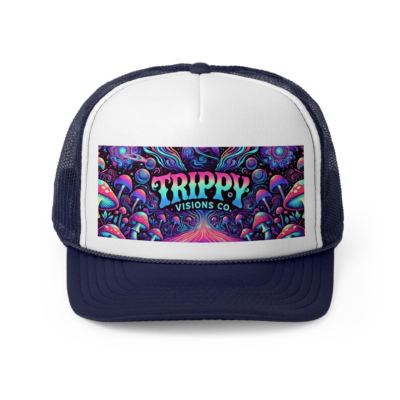 Gorra de camionero Trippy Visions Co. - Gorra snapback psicodélica para festivales, gorra retro con estilo, gorra de béisbol de malla con gráficos coloridos, estilo moderno imagen 6