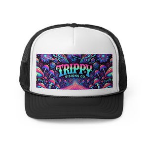 Trippy Visions Co Trucker Hat - Psychedelic Festival Snapback Cap, Retro Groovy Truckers Hat, Colorful Graphic Mesh Baseball Cap, Funky