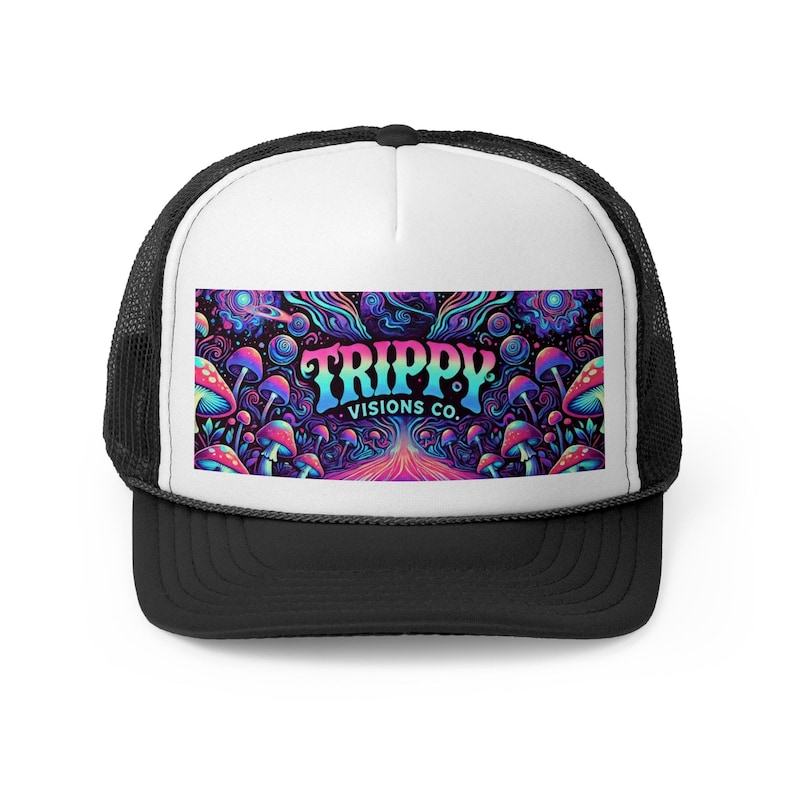 Gorra de camionero Trippy Visions Co. - Gorra snapback psicodélica para festivales, gorra retro con estilo, gorra de béisbol de malla con gráficos coloridos, estilo moderno imagen 1