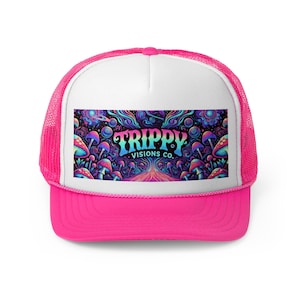 Gorra de camionero Trippy Visions Co. - Gorra snapback psicodélica para festivales, gorra retro con estilo, gorra de béisbol de malla con gráficos coloridos, estilo moderno imagen 3