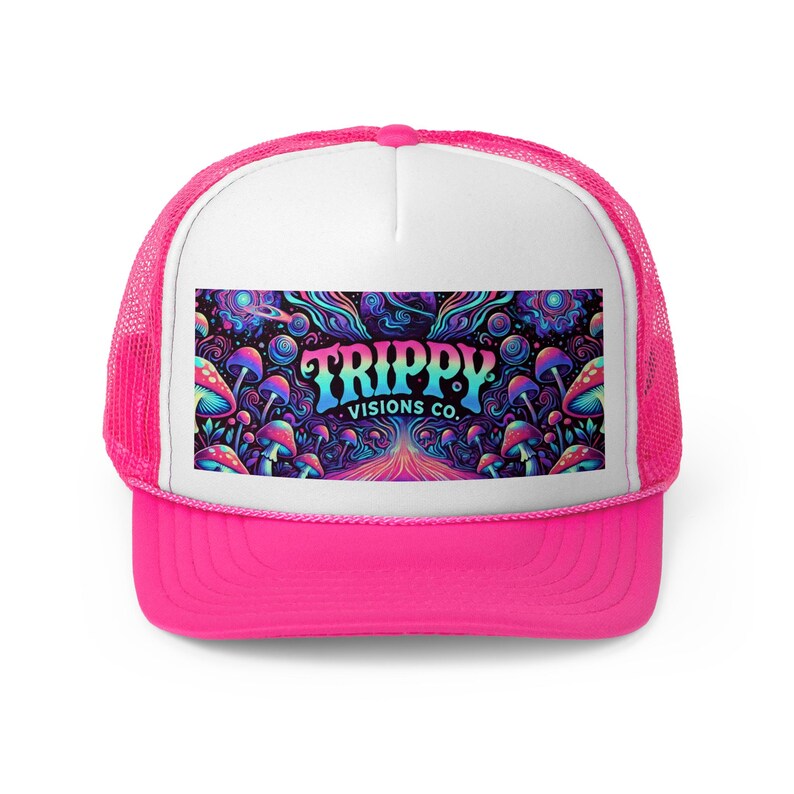 Gorra de camionero Trippy Visions Co. - Gorra snapback psicodélica para festivales, gorra retro con estilo, gorra de béisbol de malla con gráficos coloridos, estilo moderno imagen 3