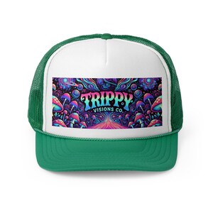 Gorra de camionero Trippy Visions Co. - Gorra snapback psicodélica para festivales, gorra retro con estilo, gorra de béisbol de malla con gráficos coloridos, estilo moderno imagen 2