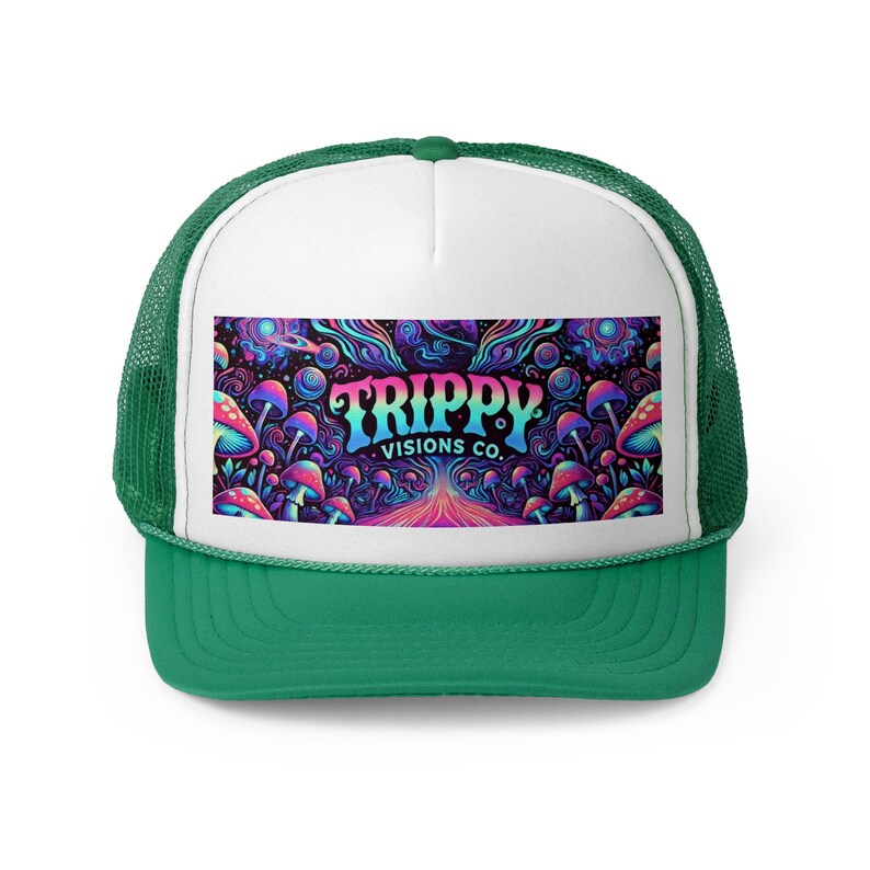 Gorra de camionero Trippy Visions Co. - Gorra snapback psicodélica para festivales, gorra retro con estilo, gorra de béisbol de malla con gráficos coloridos, estilo moderno imagen 2
