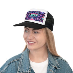 Gorra de camionero Trippy Visions Co. - Gorra snapback psicodélica para festivales, gorra retro con estilo, gorra de béisbol de malla con gráficos coloridos, estilo moderno imagen 9