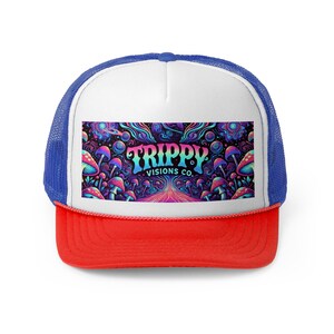 Gorra de camionero Trippy Visions Co. - Gorra snapback psicodélica para festivales, gorra retro con estilo, gorra de béisbol de malla con gráficos coloridos, estilo moderno imagen 4