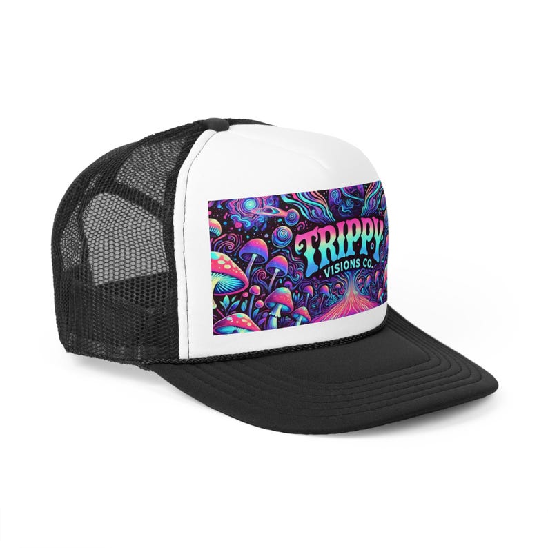 Gorra de camionero Trippy Visions Co. - Gorra snapback psicodélica para festivales, gorra retro con estilo, gorra de béisbol de malla con gráficos coloridos, estilo moderno imagen 8