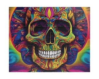 Blue and Orange Sugar Skull Jigsaw Puzzle. Great Gift for Day of