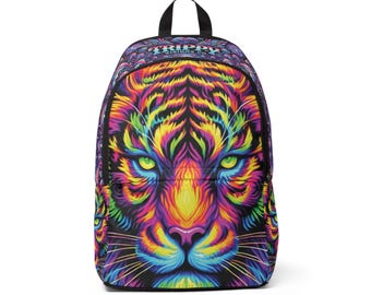 Mochila de tigre psicodélico: moderna bolsa de tela unisex para festivales, viajes y escuela. Ecológica y con una obra de arte única.