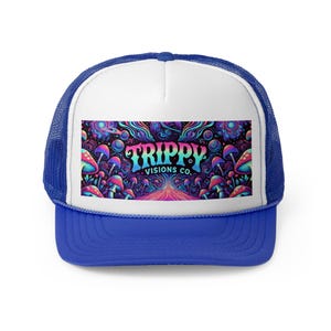 Gorra de camionero Trippy Visions Co. - Gorra snapback psicodélica para festivales, gorra retro con estilo, gorra de béisbol de malla con gráficos coloridos, estilo moderno imagen 7
