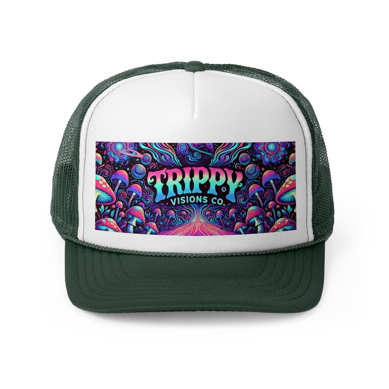 Gorra de camionero Trippy Visions Co. - Gorra snapback psicodélica para festivales, gorra retro con estilo, gorra de béisbol de malla con gráficos coloridos, estilo moderno imagen 5