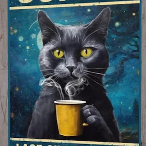 Vintage Cat Metal Sign: &#39;No Coffee No Workee&#39; - Whimsical Bar Cafe Decor