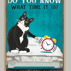 Funny Cat Sign - &quot;It&#39;s Feed Me O&#39;clock&quot; Vintage Metal Tin Poster, Home Decor Art