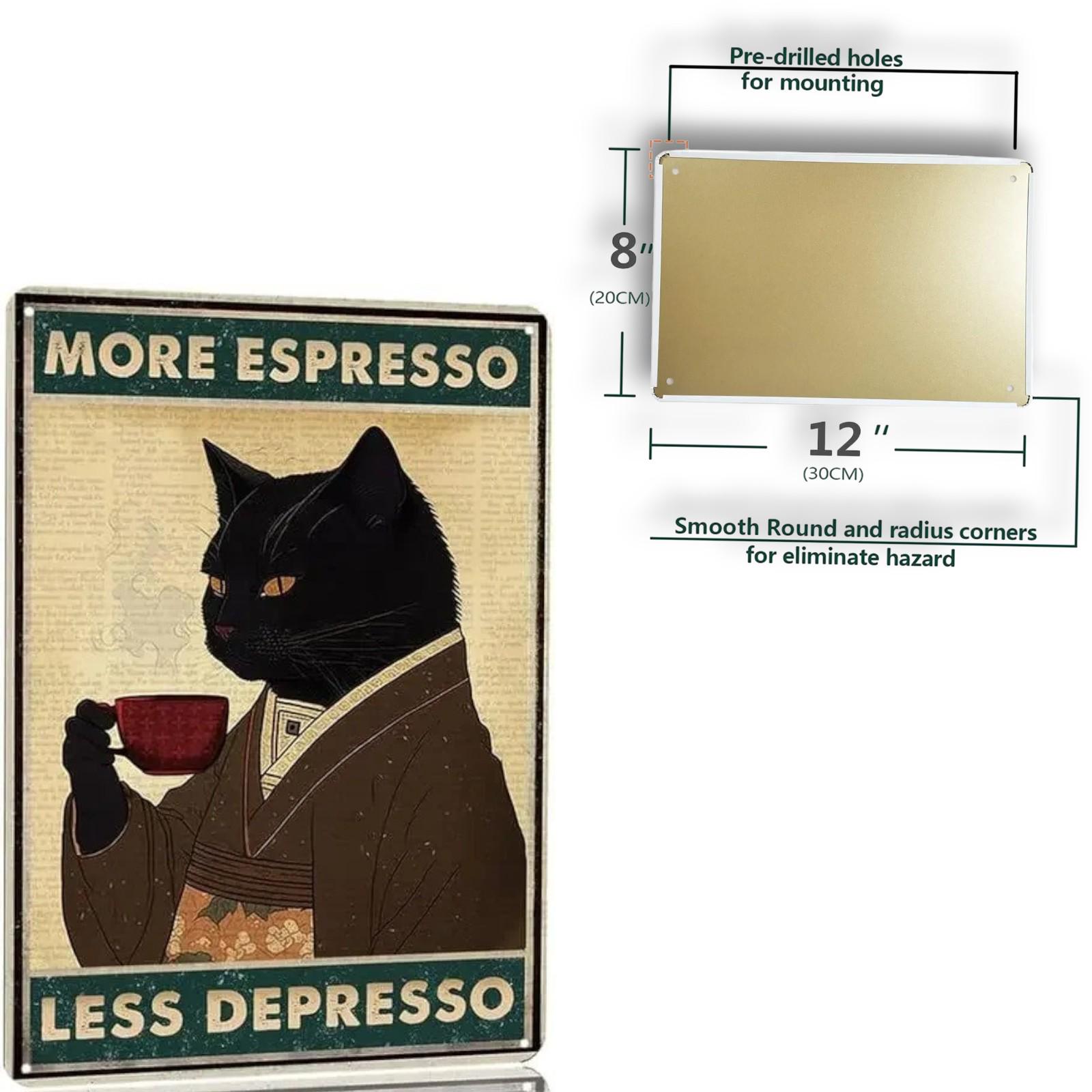 Vintage Black Cat Coffee Sign: "More Espresso, Less Depresso" Metal Wall Decor