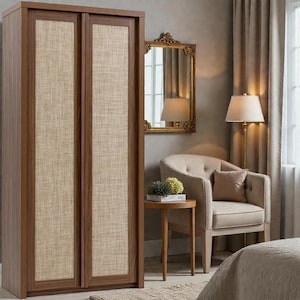 Armario alto de ratán con puertas, armario de madera para despensa con estantes ajustables para cocina y lavandería.