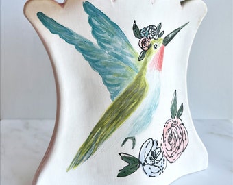 Handmade hummingbird watercolor ceramic vase