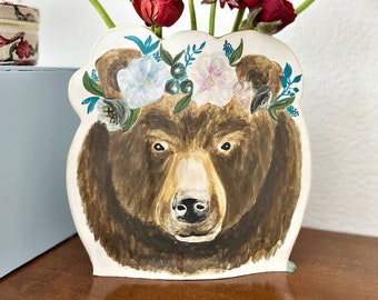 Handmade Mama Bear watercolor ceramic vase  *MADE TO ORDER*