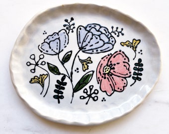 Medium handmade floral ceramic jewelry dish | 3 floral styles available