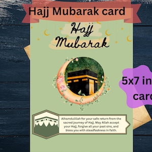 Cartão Hajj Mubarak para impressão | Cartão Kaaba 5x7 em tamanho de carta dos EUA | Saudação islâmica para Eid | Download digital de presente Hajj | PNG + PDF
