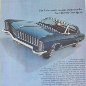 Página de revista vintage 1965 Buick azul nuevo Riviera Gran Sports/Man Cave, decoración de pared, anuncio de coche clásico, regalo para él