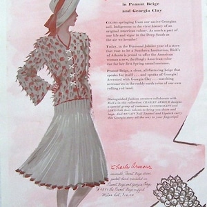 Charles Armour Emsemble Ladies Dress, Hat, Georgia Story 1942 Ladies Dress Ad, Large Brim Hat, Pearl Bracelet, Magazine Page Ad