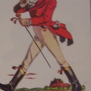 May include: A vintage illustration of a man in a red coat and top hat walking with a cane. The text reads "A familiar figure born in 1800... still going strong. He has covered more miles than any other Scot, always travelling in the best company. When wearing the famous Black Label he never undertakes a long trip without first sleeping 10 years. To this he attributes his mellow character."