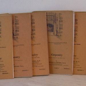 May include: A set of seven brown books titled "Carpentry" by William S. Lowndes, P.E. The books are part of a series published by the International Correspondence Schools in Scranton, Pennsylvania. The books are in good condition and appear to be vintage.