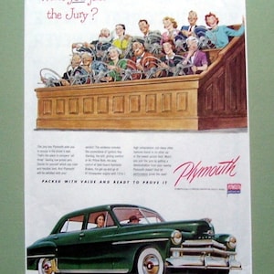 1950 Join The Jury for Plymouth Car Sedan Original Ad Period Paper Collectible White Wall Tires