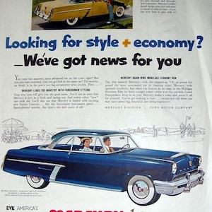 Mercury Sedan Car Magazine Print ad, 1952 Blue Mercury, 1952 Yellow Jet scoop Top Ad,  Kelly Tires Ad, Man cave decor, mechanic garage