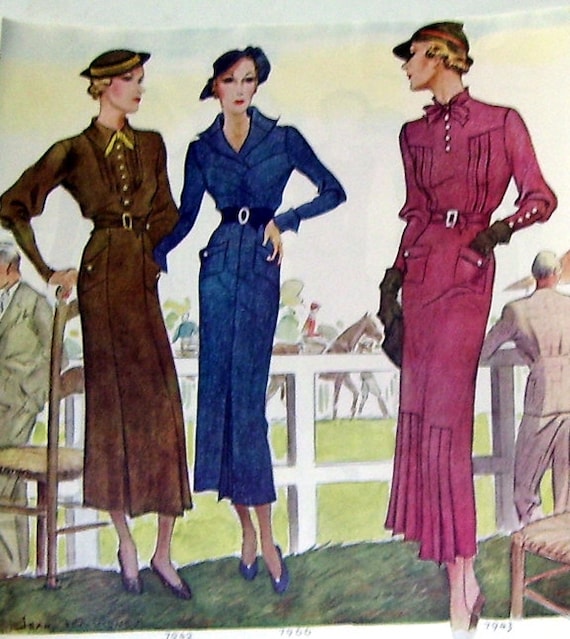 1934 Double Sided Ladies Fashions Patterns- Paris Elegant Dresses and Hats-  Reverse Side School Teachers Dresses With 2 Dogs - Etsy