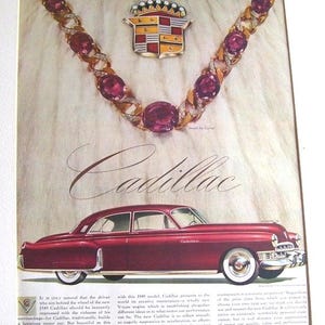 Red Cadillac Advertisement Original Magazine Page, General Motors Corp. Jewels by Cartier, Necklace,Color Print, Wall Decor, Automobile Ad