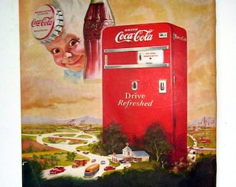 1950 Coca Cola Magazine Page Ad with Sprite Boy and Coca Cola Bottle Cap Hat, Reverse Chesterfield Cigarettes Zachery Scott, Graphic Art