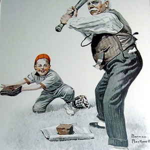Large Norman Rockwell Color Print Gramps at The Plate and Circus Strongman, Poster Page 11 3/4 x 15  Reprint Page from A 1979 Book,