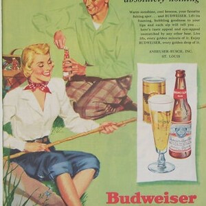 1949 Budweiser Beer Magazine Page Ad, Anheuser-Busch, Inc. St. Louis, Artist Forsberg, Picnic Fun, Beer Ad, Ale Ad, Original Magazine Ad