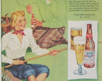 1949 Budweiser Beer Magazine Page Ad, Anheuser-Busch, Inc. St. Louis, Artist Forsberg, Picnic Fun, Beer Ad, Ale Ad, Original Magazine Ad