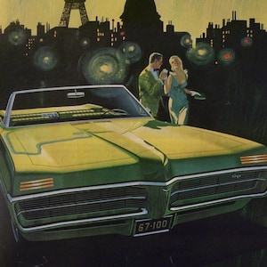 Vintage Pontiac Grand Prix Magazine Page Ad, Green Convertible, Paris , Night Scene