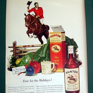 1947 Shell Oil Magazine Page Advertisement, Reverse Side Hunter to Tom from Jerry, Hunter Blended Whiskey, Horse Jumping Fence, Horse Rider