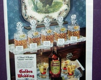 1942 Original Ad Golden Wedding Whiskey Ad, Bar Accessories Print, Turkey Platter on Wall, Fancy Cut Burbon Bottles, Manhattens, Cool!