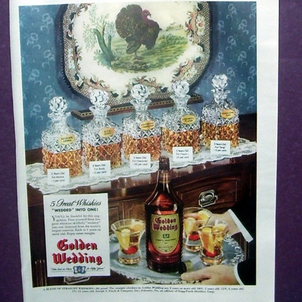 1942 Original Ad Golden Wedding Whiskey Ad, Bar Accessories Print, Turkey Platter on Wall, Fancy Cut Burbon Bottles, Manhattens, Cool!