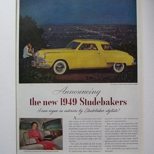 1949 Yellow Studebaker Commander Starlight Coupe, Original Magazine Page Ad, Luxurious Land Cruiser, Antique Car Ad, Paper Car Ad, Man Cave