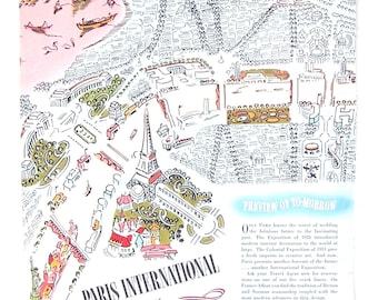 French Line Paris International Opening in May 1937 - Artist drawn map G. Gallibert -The Colonial Exposistion