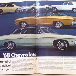 Vintage Magazine Page Ad 1968 Chevrolet, 5 GM Chevrolets/ Camaro, Corvette, Chevy 11, Chevelle, Chevrolet,Double Page Ad