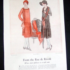 Vintage Magazine Page 1926 Ladies Fashion and Hat Original Ad, Dress from Caret, Hats from Descat, Redfern, From the Rue de Rivoli