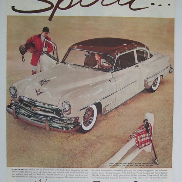 Chrysler Spirit , New Yorker Deluxe Club Coupe, Original Magazine Print Page, 1954 Chrysler, V-8 Engline Car, Chrysler Car, Horse Jockey