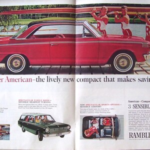 May include: Vintage advertisement for a red '65 Rambler American car. The ad features the car with people and text that reads "'65 Rambler American - the lively new compact that makes saving a sport!" and "American - Compact Economy King of the 3 SENSIBLE SPECTACULARS."