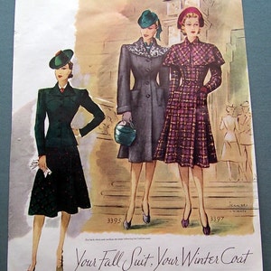 Ladies Fashion Fall Suit Winter Coat ad, 1939, McCall's Magazine, Snazzy hats, Jeam des Vignes Artist,Vintage Magazine Ad, Illustration