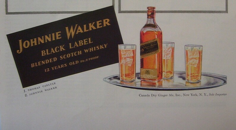 May include: A black and gold label for Johnnie Walker Black Label Blended Scotch Whisky. The label reads "12 Years Old 86.8 Proof". A bottle of Johnnie Walker Black Label Scotch Whisky is on a silver tray with three glasses filled with ice and liquid.