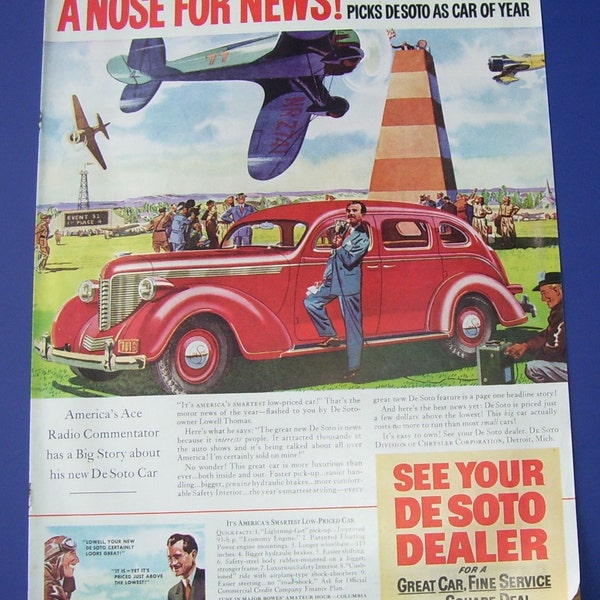 1937 DeSota Car Advertisement, Original Car Ad, America's Ace Radio Commentator Lowell Thomas, Man Cave Art, Automobile Ad, Vintage Car Ad