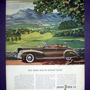 Vintage Auto Lincoln Zephyr V-12   Convertible Wanders Through New England, Advertising Print Ad, Wall Decor, Original Print Car Ad