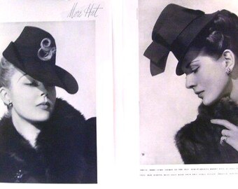 2 Ladies Black Fashion Hat Magazine Pictures, 1939, 2 Fashion Photo's, Ladies Hats, Sak's Fifth Avenue